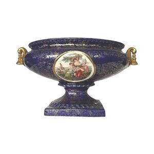 Vintage Cobalt Blue Gold Porcelain Centerpiece Bowl Vase England Victorian Scene